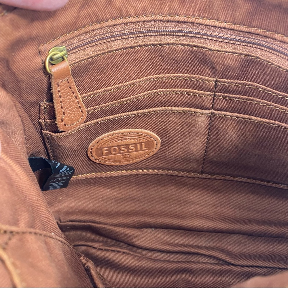 Vintage Fossil Erin Cognac Caramel Brown Pebbled Leather Top Zip Crossbody Bag - Picture 7 of 16